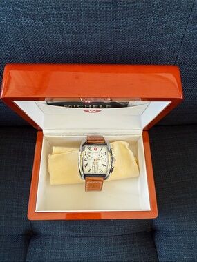 Michele Urban Silver Tonneau Watch with Tan Leather Strap